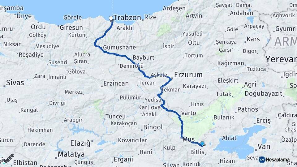 Bitlis Güroymak Trabzon Arası Kaç Km - Yol Haritası