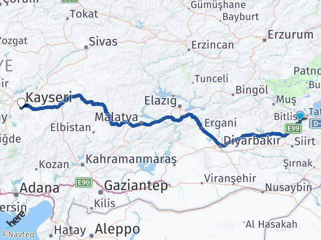 Bitlis Hacılar Kayseri Arası Kaç Km - Yol Haritası