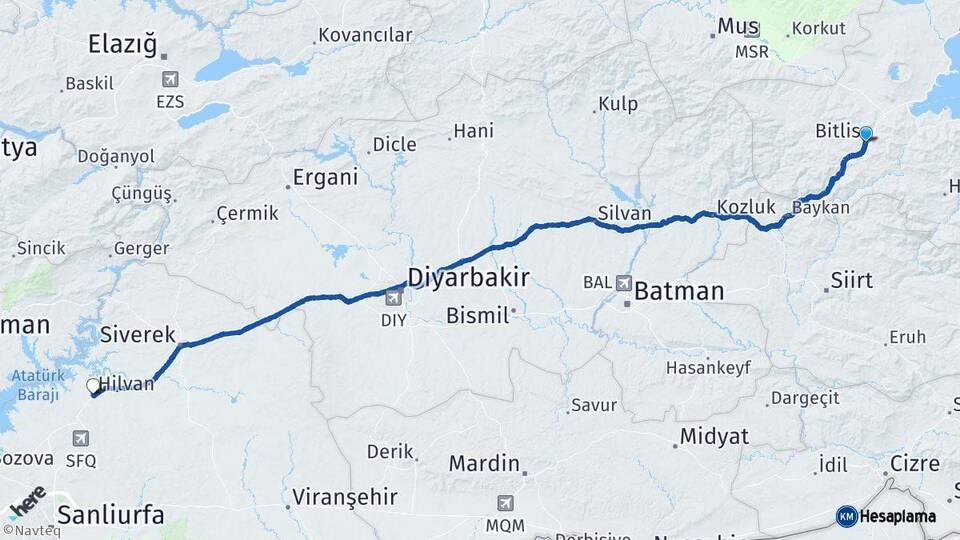 Bitlis Hilvan Şanlıurfa Arası Kaç Km - Yol Haritası