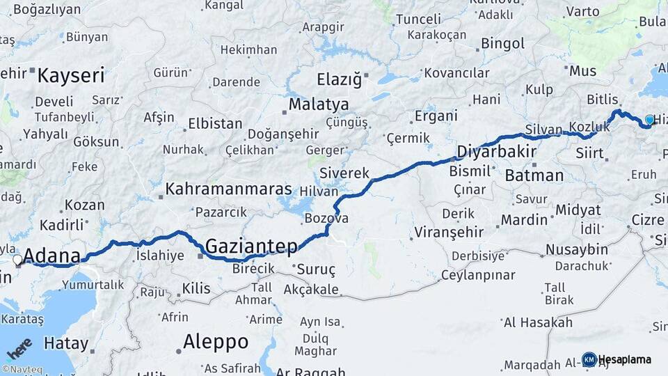 Bitlis Hizan Adana Arası Kaç Km - Yol Haritası
