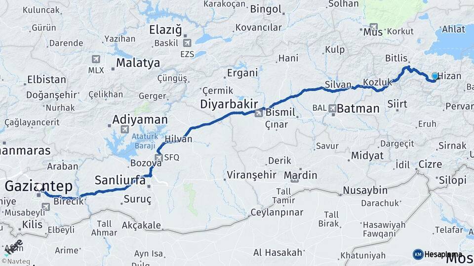 Bitlis Hizan Gaziantep Arası Kaç Km - Yol Haritası