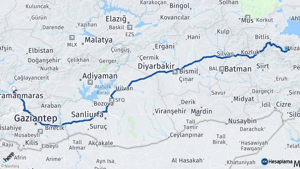 Bitlis Hizan Kahramanmaraş Arası Kaç Km - Yol Haritası