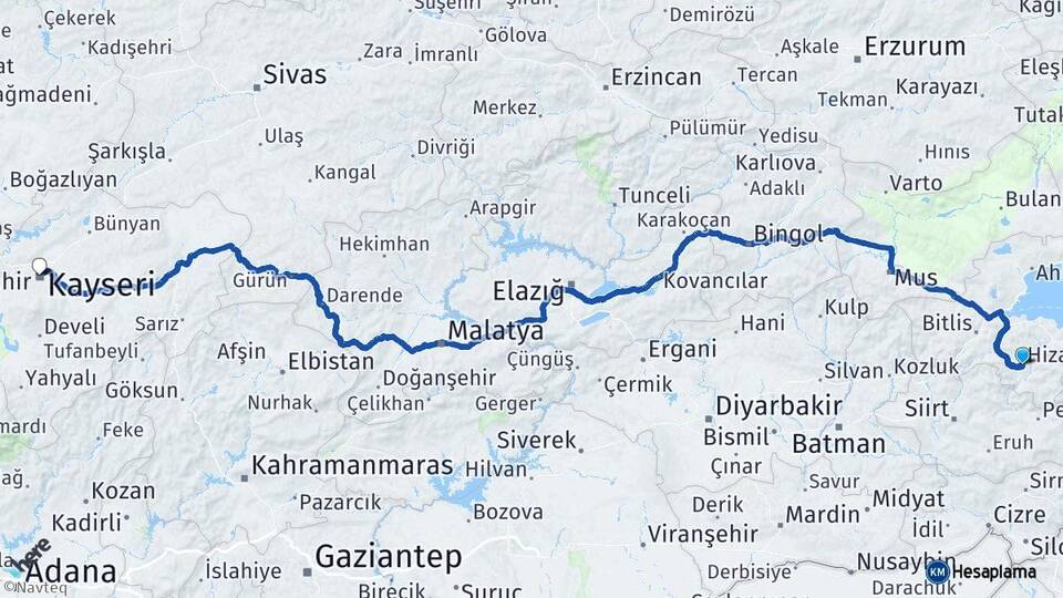 Bitlis Hizan Kayseri Arası Kaç Km - Yol Haritası