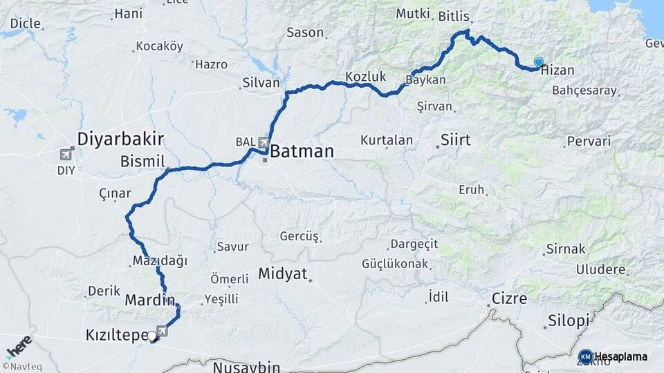 Bitlis Hizan Kızıltepe Mardin Arası Kaç Km - Yol Haritası