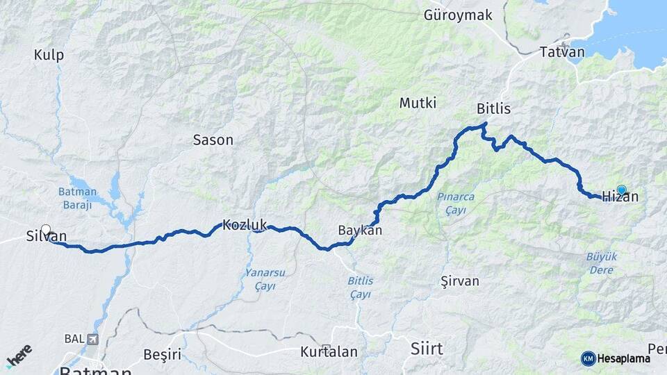 Bitlis Hizan Silvan Diyarbakır Arası Kaç Km - Yol Haritası