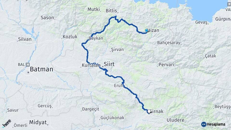 Bitlis Hizan Şırnak Arası Kaç Km - Yol Haritası