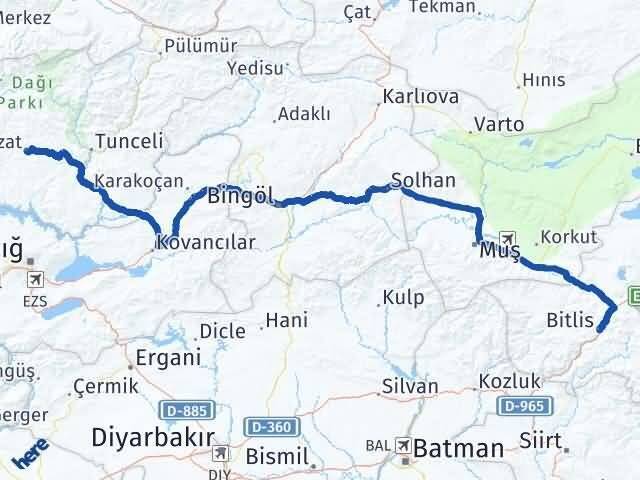 Bitlis Hozat Tunceli Arası Kaç Km - Yol Haritası