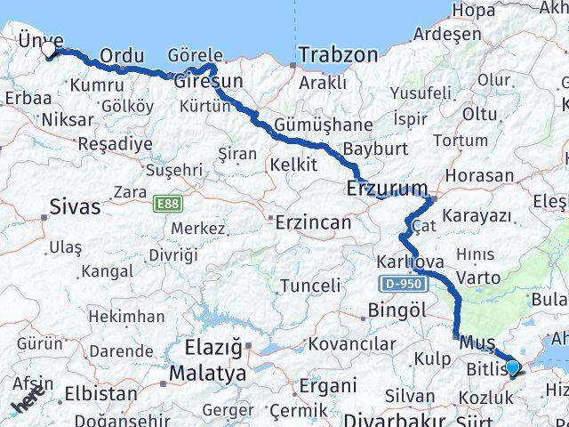 Bitlis İkizce Ordu Arası Kaç Km - Yol Haritası