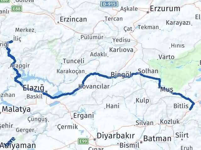 Bitlis İliç Erzincan Arası Kaç Km - Yol Haritası