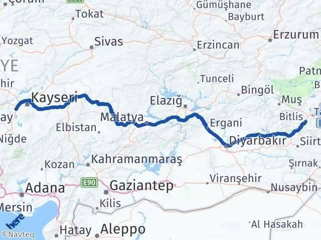 Bitlis İncesu Kayseri Arası Kaç Km - Yol Haritası