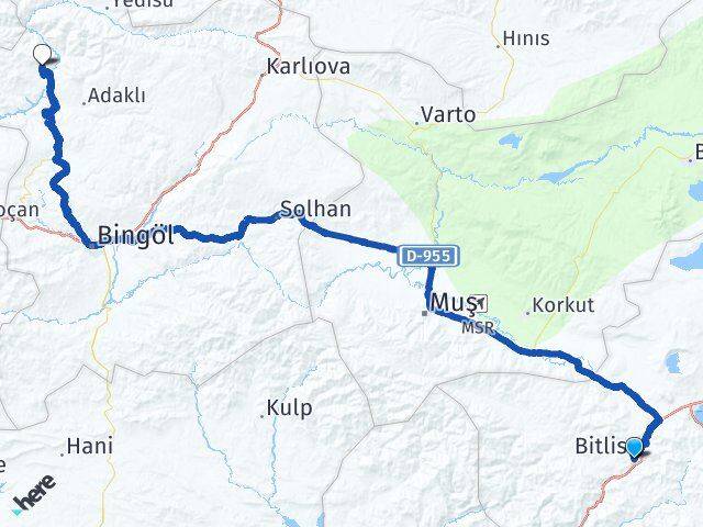 Bitlis Kiğı Bingöl Arası Kaç Km - Yol Haritası