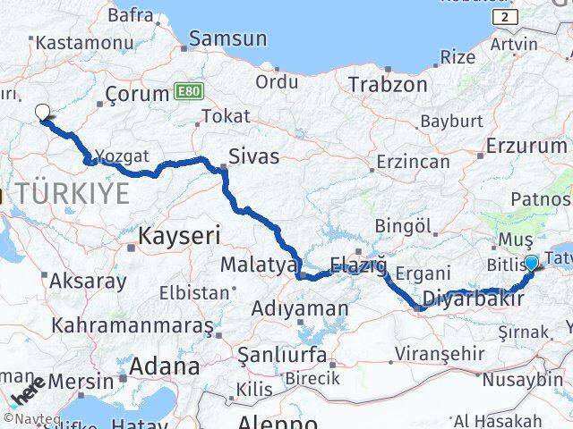 Bitlis Kızılırmak Çankırı Arası Kaç Km - Yol Haritası