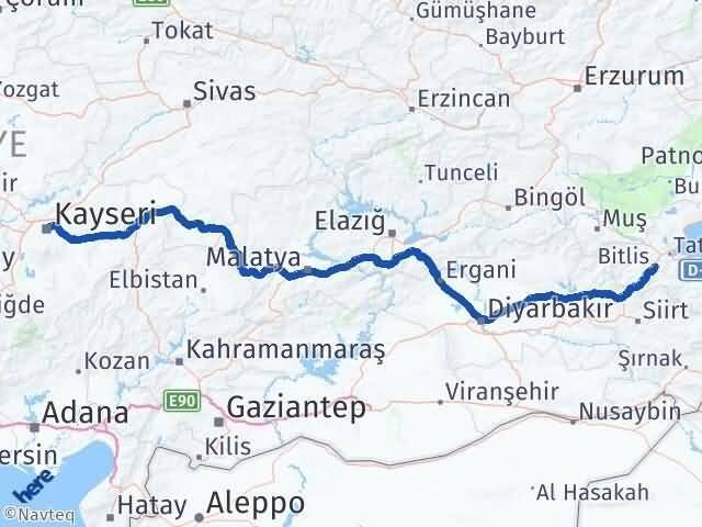 Bitlis Kocasinan Kayseri Arası Kaç Km - Yol Haritası