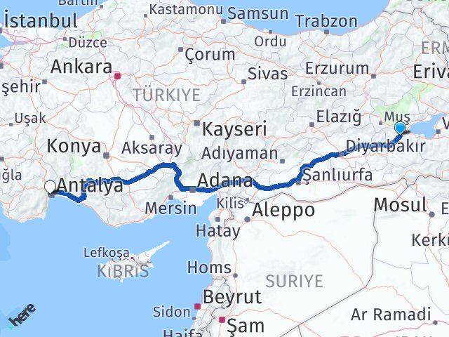 Bitlis Konyaaltı Antalya Arası Kaç Km - Yol Haritası