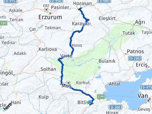 Bitlis Köprüköy Erzurum Arası Kaç Km - Yol Haritası