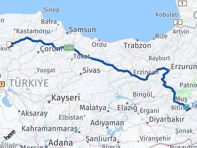 Bitlis Korgun Çankırı Arası Kaç Km - Yol Haritası
