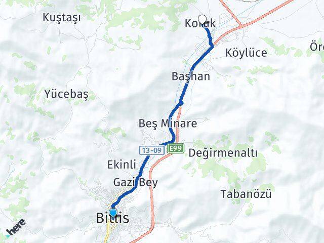 Bitlis Koruk Arası Kaç Km - Yol Haritası