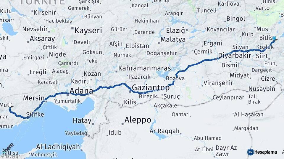 Bitlis Mut Mersin Arası Kaç Km - Yol Haritası