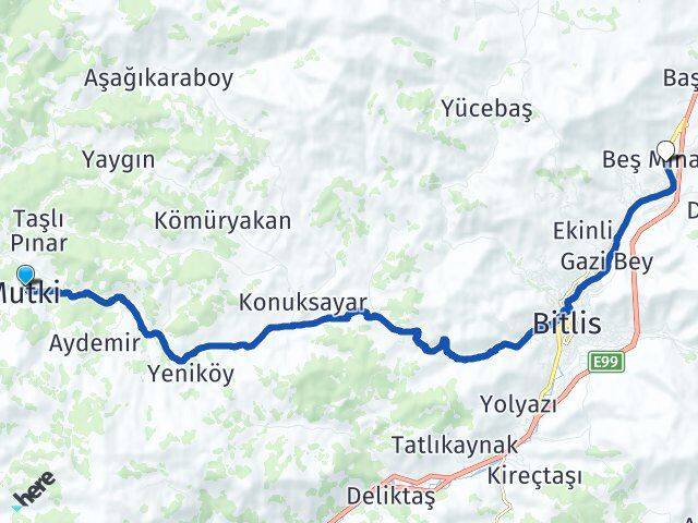 Bitlis Mutki Beş Minare Arası Kaç Km - Yol Haritası