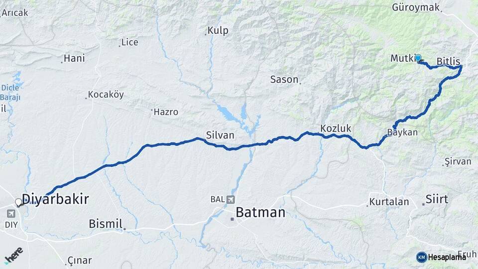 Bitlis Mutki Diyarbakır Arası Kaç Km - Yol Haritası