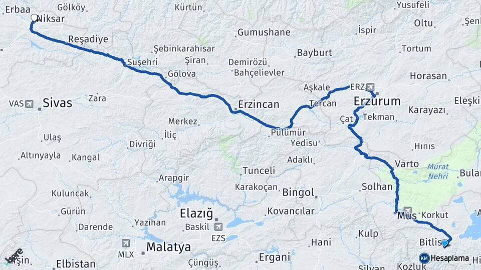 Bitlis Niksar Tokat Arası Kaç Km - Yol Haritası
