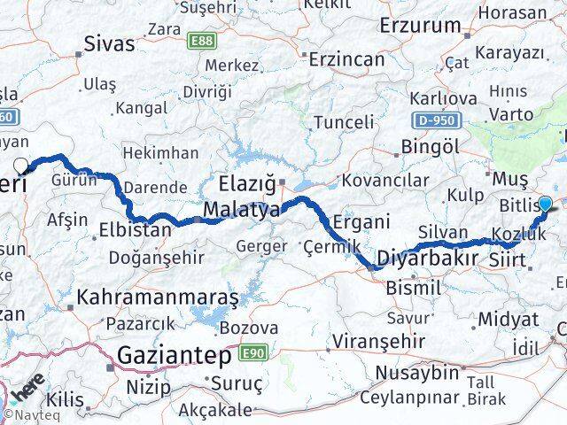 Bitlis Pınarbaşı Kayseri Arası Kaç Km - Yol Haritası