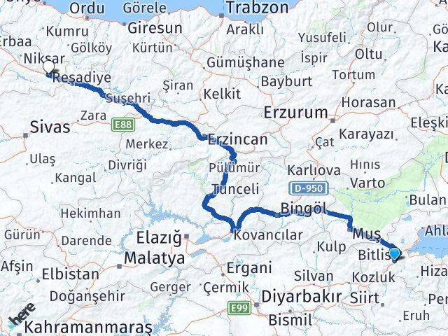 Bitlis Reşadiye Tokat Arası Kaç Km - Yol Haritası