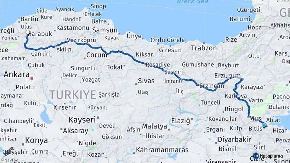 Bitlis Safranbolu Karabük Arası Kaç Km - Yol Haritası