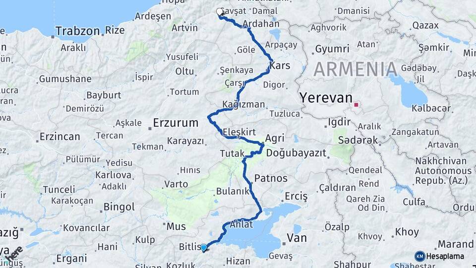 Bitlis Şavşat Artvin Arası Kaç Km - Yol Haritası