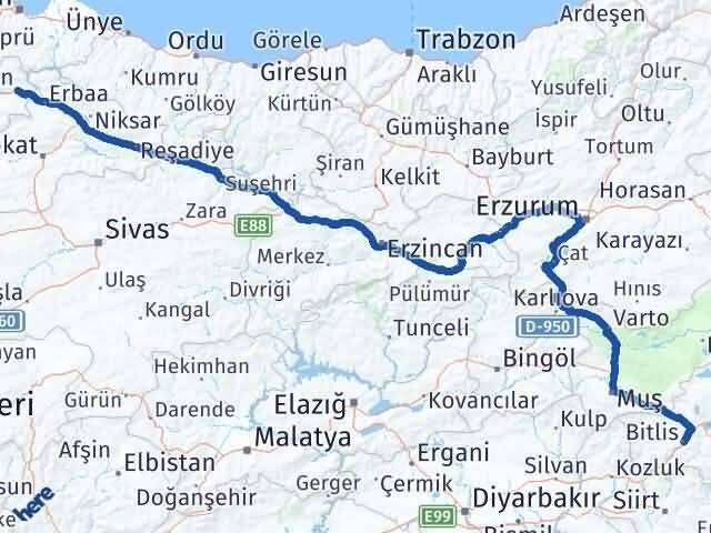 Bitlis Taşova Amasya Arası Kaç Km - Yol Haritası