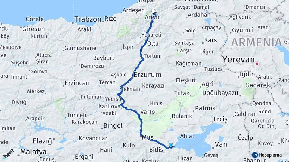 Bitlis Tatvan Artvin Arası Kaç Km - Yol Haritası