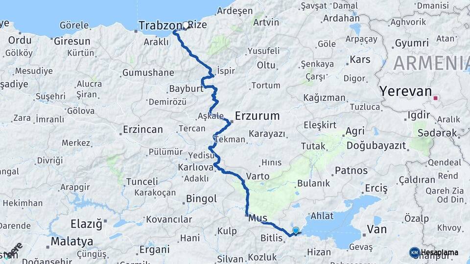 Bitlis Tatvan Rize Arası Kaç Km - Yol Haritası
