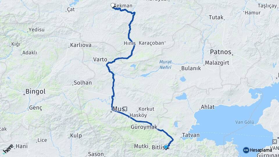 Bitlis Tekman Erzurum Arası Kaç Km - Yol Haritası