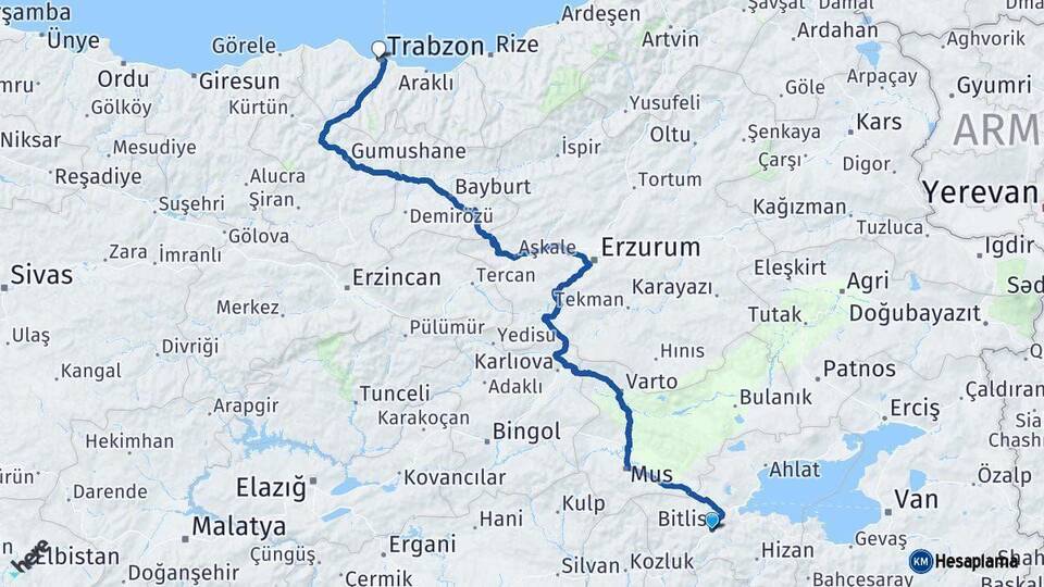 Bitlis Trabzon Arası Kaç Km - Yol Haritası