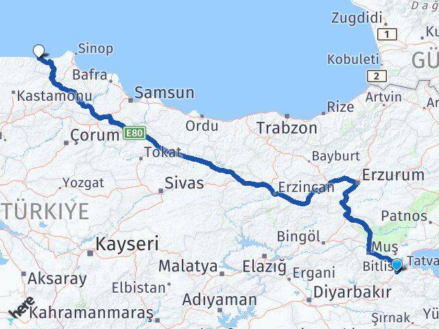 Bitlis Türkeli Sinop Arası Kaç Km - Yol Haritası
