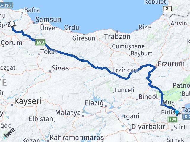 Bitlis Vezirköprü Samsun Arası Kaç Km - Yol Haritası