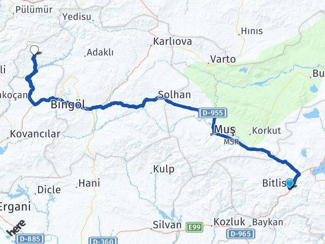 Bitlis Yayladere Bingöl Arası Kaç Km - Yol Haritası