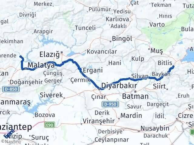 Bitlis Yazıhan Malatya Arası Kaç Km - Yol Haritası