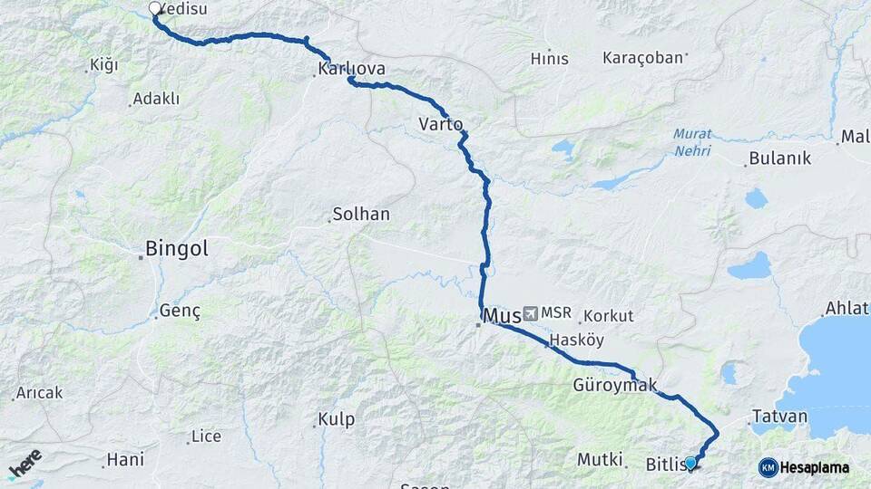 Bitlis Yedisu Bingöl Arası Kaç Km - Yol Haritası