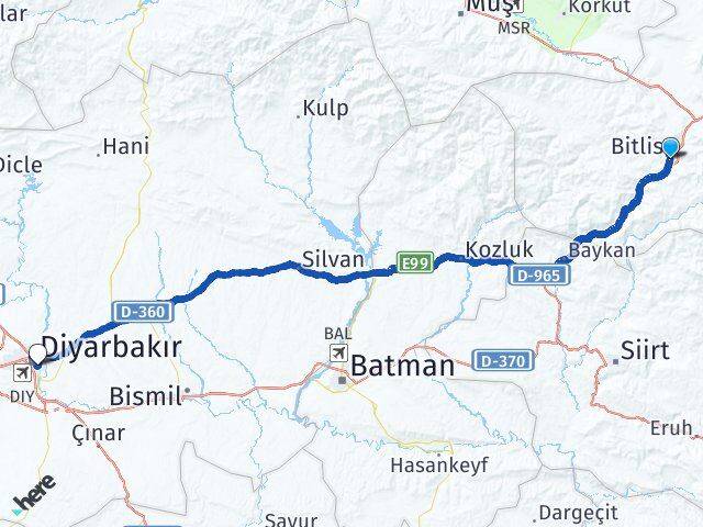 Bitlis Yenişehir Diyarbakır Arası Kaç Km - Yol Haritası