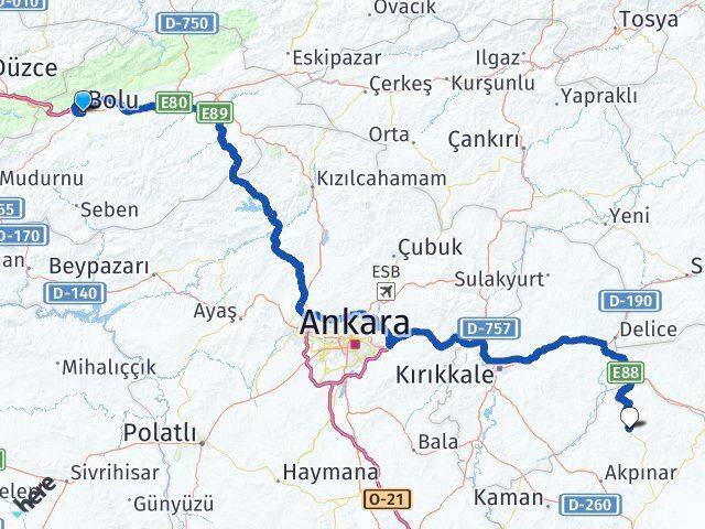 Bolu Akçakent Kırşehir Arası Kaç Km - Yol Haritası