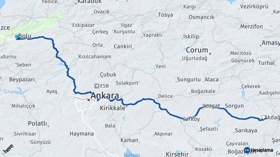 Bolu Akdağmadeni Yozgat Arası Kaç Km - Yol Haritası