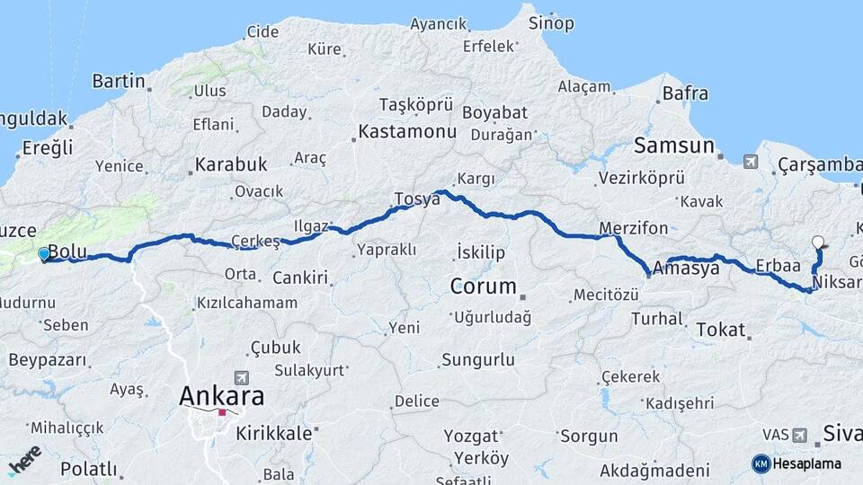 Bolu Akkuş Ordu Arası Kaç Km - Yol Haritası