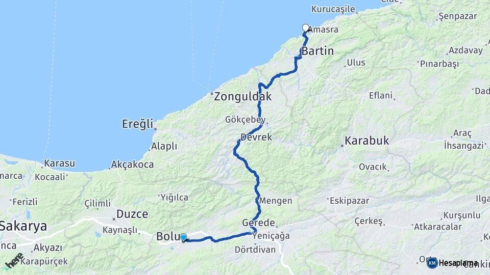 Bolu Amasra Bartın Arası Kaç Km - Yol Haritası