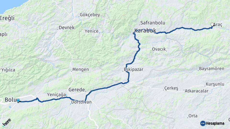 Bolu Araç Kastamonu Arası Kaç Km - Yol Haritası