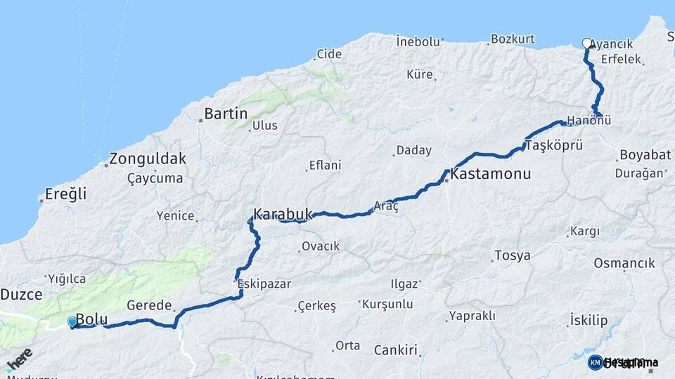 Bolu Ayancık Sinop Arası Kaç Km - Yol Haritası
