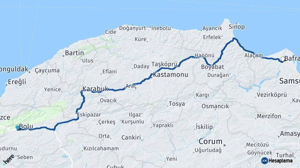 Bolu Bafra Samsun Arası Kaç Km - Yol Haritası