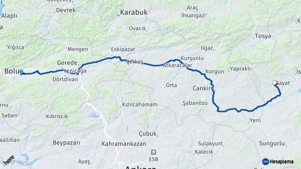 Bolu Bayat Çorum Arası Kaç Km - Yol Haritası