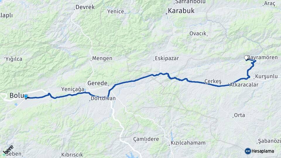 Bolu Bayramören Çankırı Arası Kaç Km - Yol Haritası