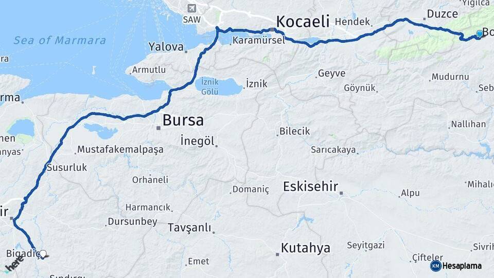 Bolu Bigadiç Balıkesir Arası Kaç Km - Yol Haritası